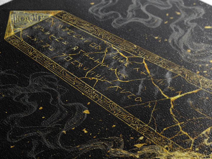 Runic Obelisk Gold Canvas Art, Mystical Stone Wall Print On Canvas, Real Wood Frame Decor, Ancient Fantasy Symbolic Artwork