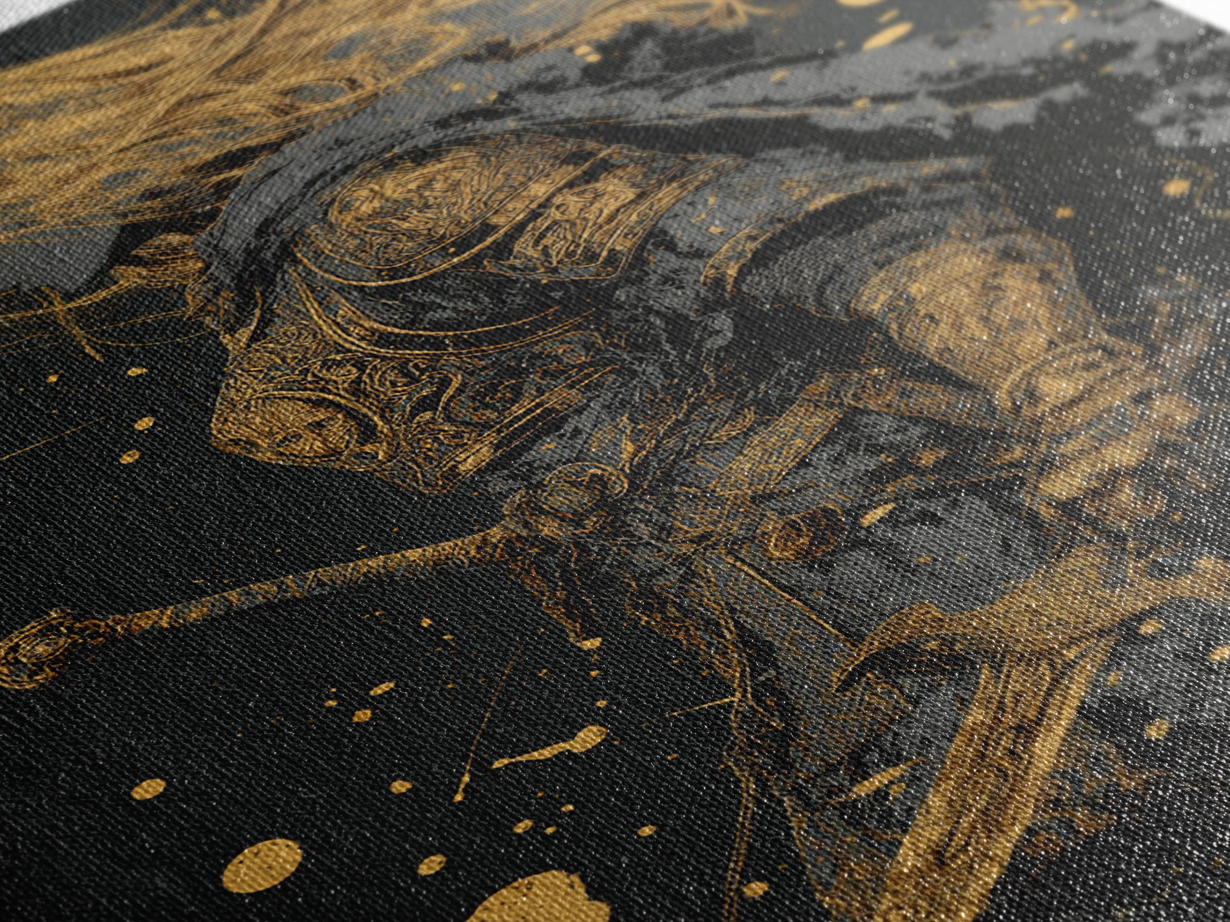 Golden Armored Knight Gold Canvas Art, Female Warrior With Sword And Shield Canvas Print, Real Wood Frame Wall Décor, Mythic Battle Art