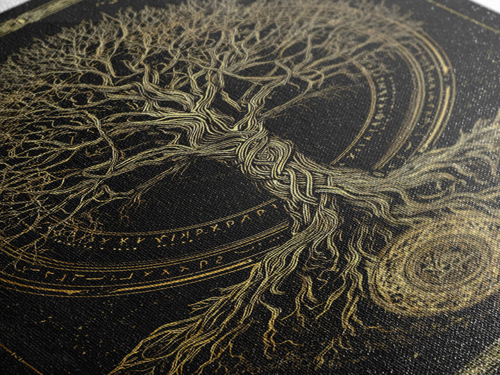 Sacred Yggdrasil Gold Canvas Art, Norse Mythology Tree Of Life Canvas Print, Real Wood Frame Wall Décor, Mystical Viking Symbol Artwork