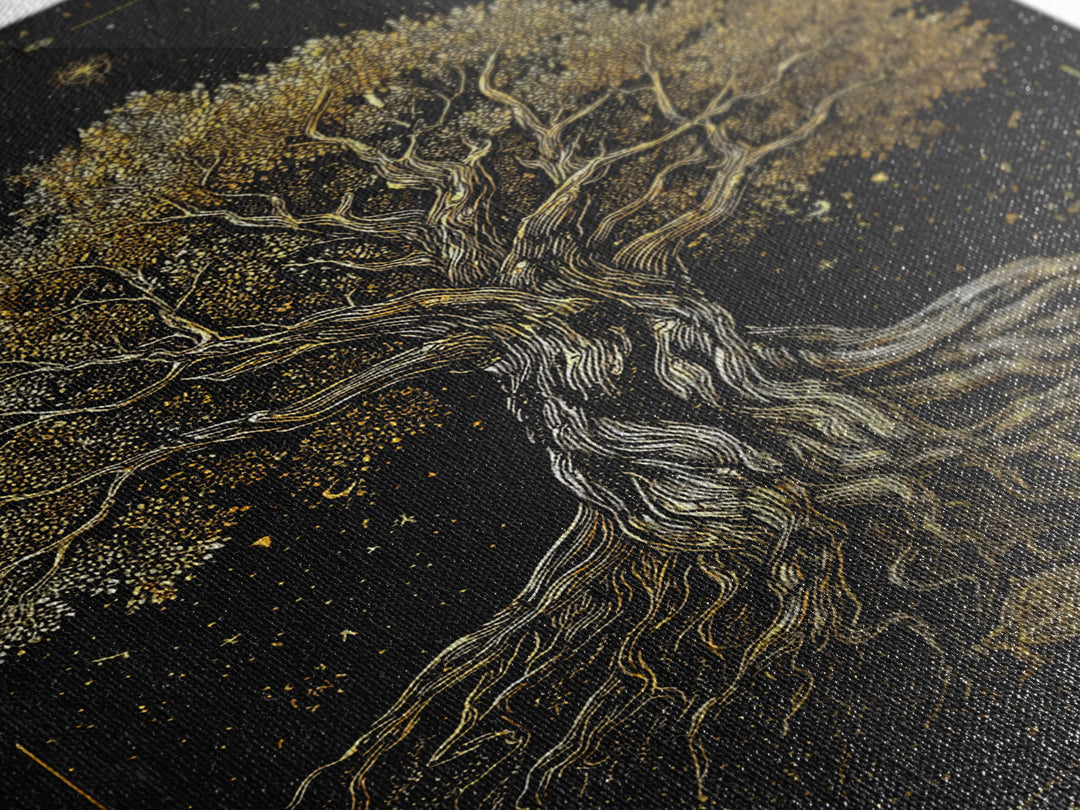 Ancient Cosmic Tree Gold Canvas Print, Norse Mythology Inspired Yggdrasil Artwork, Real Wood Frame Wall Décor, Mystical Fantasy Art