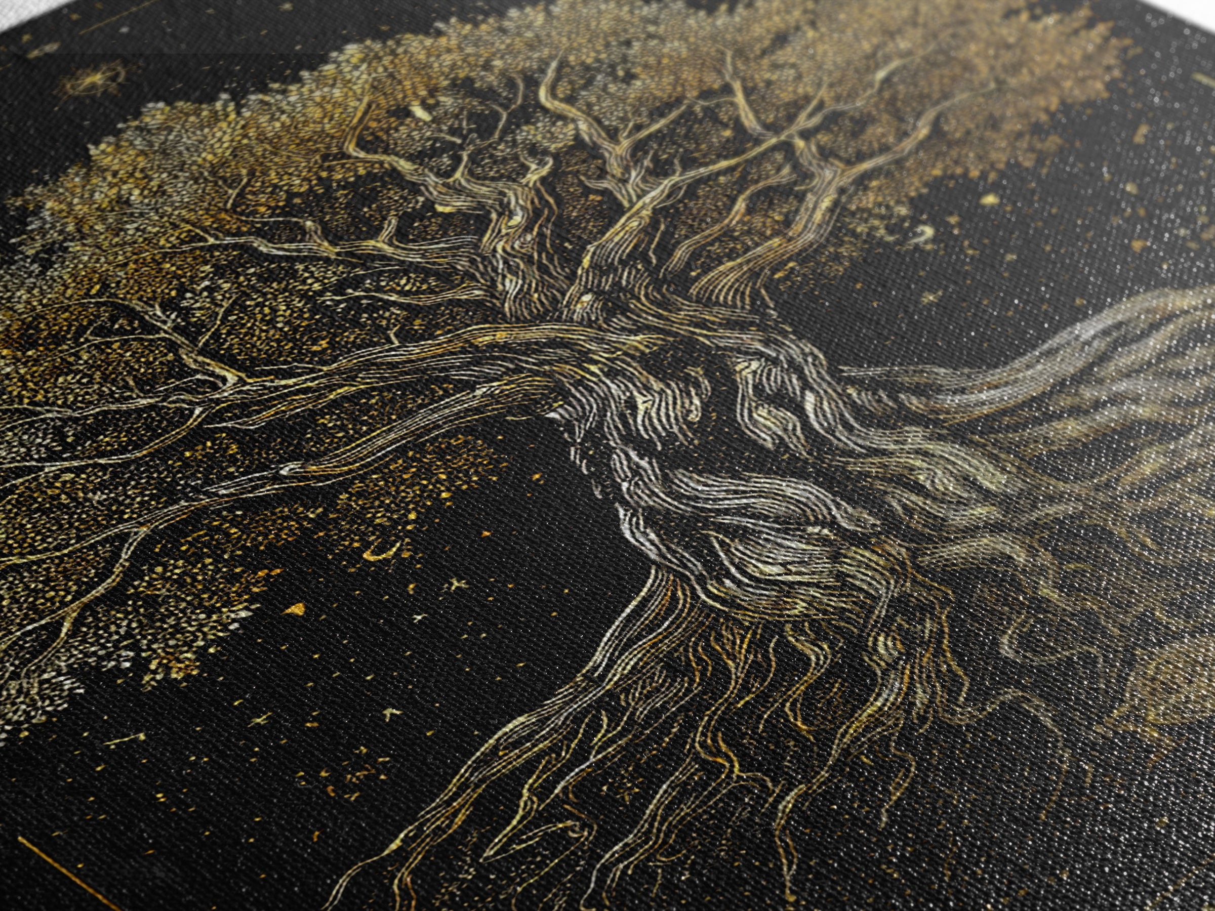 Ancient Cosmic Tree Gold Canvas Print, Norse Mythology Inspired Yggdrasil Artwork, Real Wood Frame Wall Décor, Mystical Fantasy Art