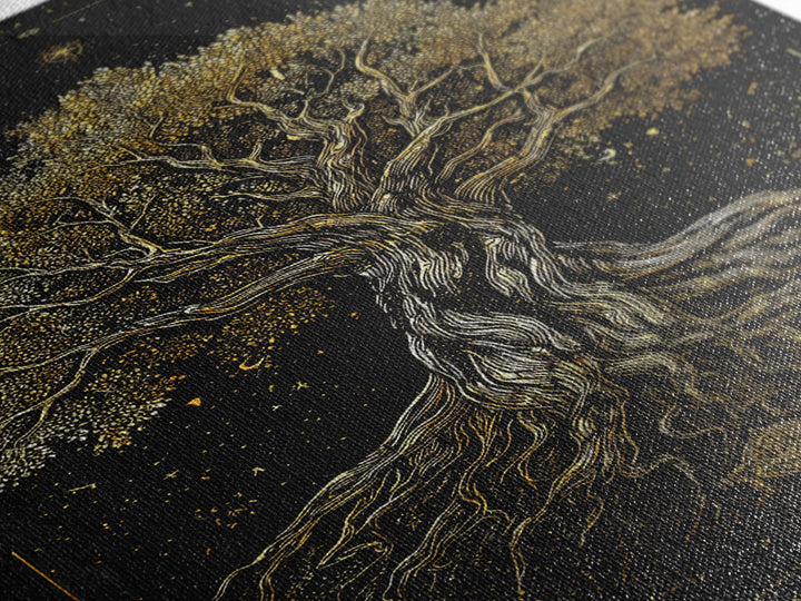 Ancient Cosmic Tree Gold Canvas Print, Norse Mythology Inspired Yggdrasil Artwork, Real Wood Frame Wall Décor, Mystical Fantasy Art