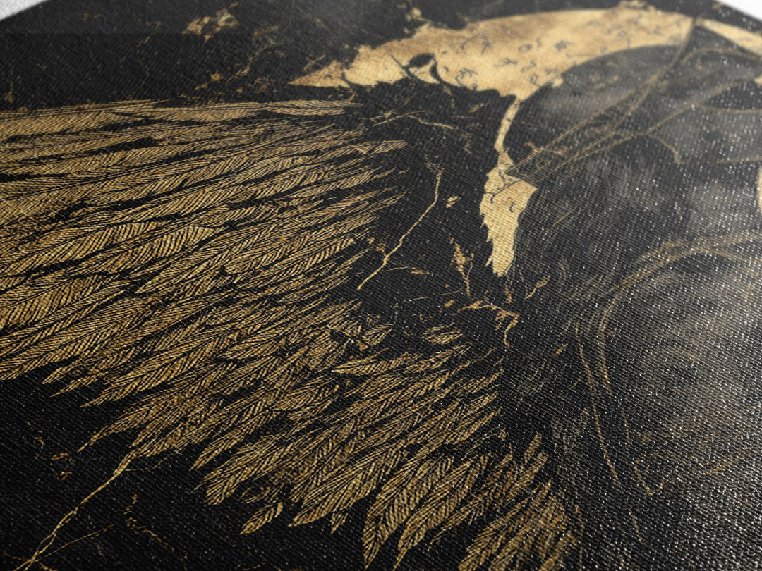 Winged Warrior Gold Canvas Print, Angelic Guardian Art On Canvas, Real Wood Frame Decor, Mythology Spiritual Wall Artwork