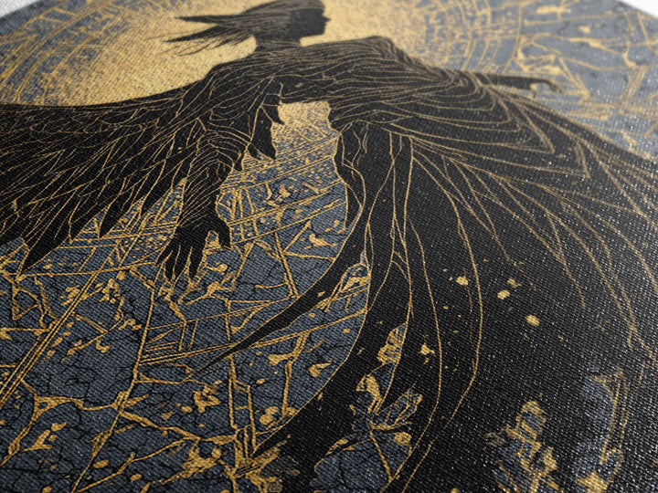 Radiant Angel Gold Canvas Art, Celestial Winged Guardian Canvas Print, Real Wood Frame Wall Décor, Mythology Fantasy Artwork