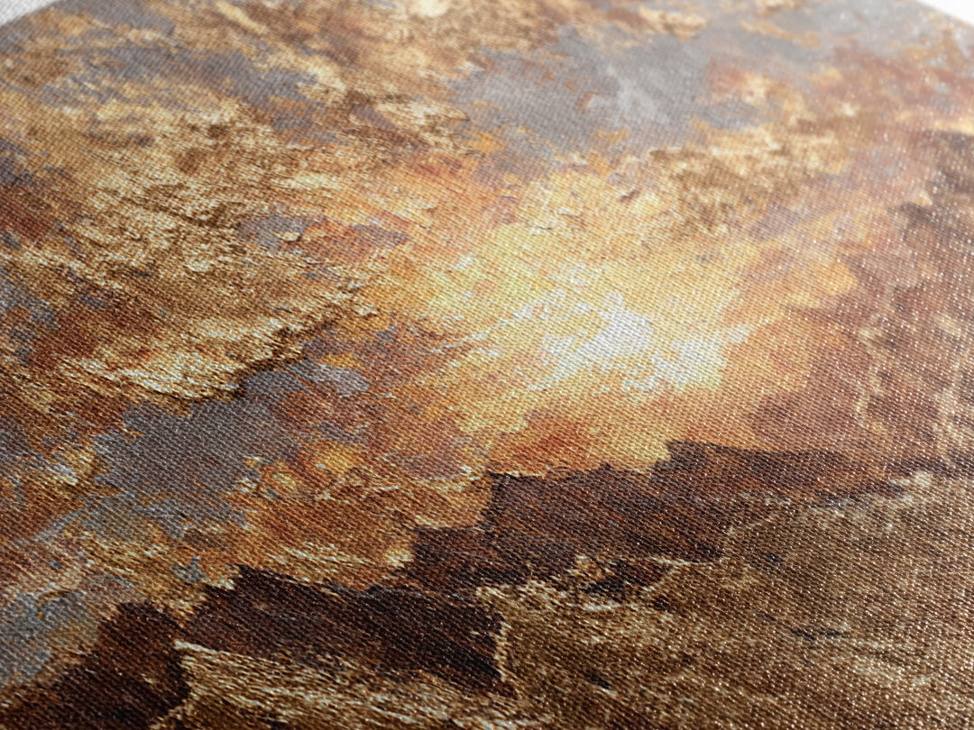 Sunlit Peaks Gold Canvas Print, Golden Mountain Sunrise Wall Art, Abstract Nature Landscape Artwork With Real Wood Frame