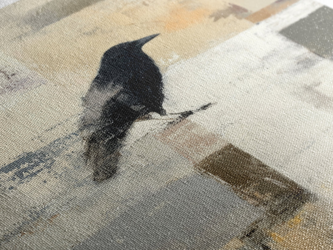 Small Black Bird Crossing White Space Framed Canvas Print, Minimalist Art, Abstract Painting, Living Room Decor, Minimal, MIN-2x3-87