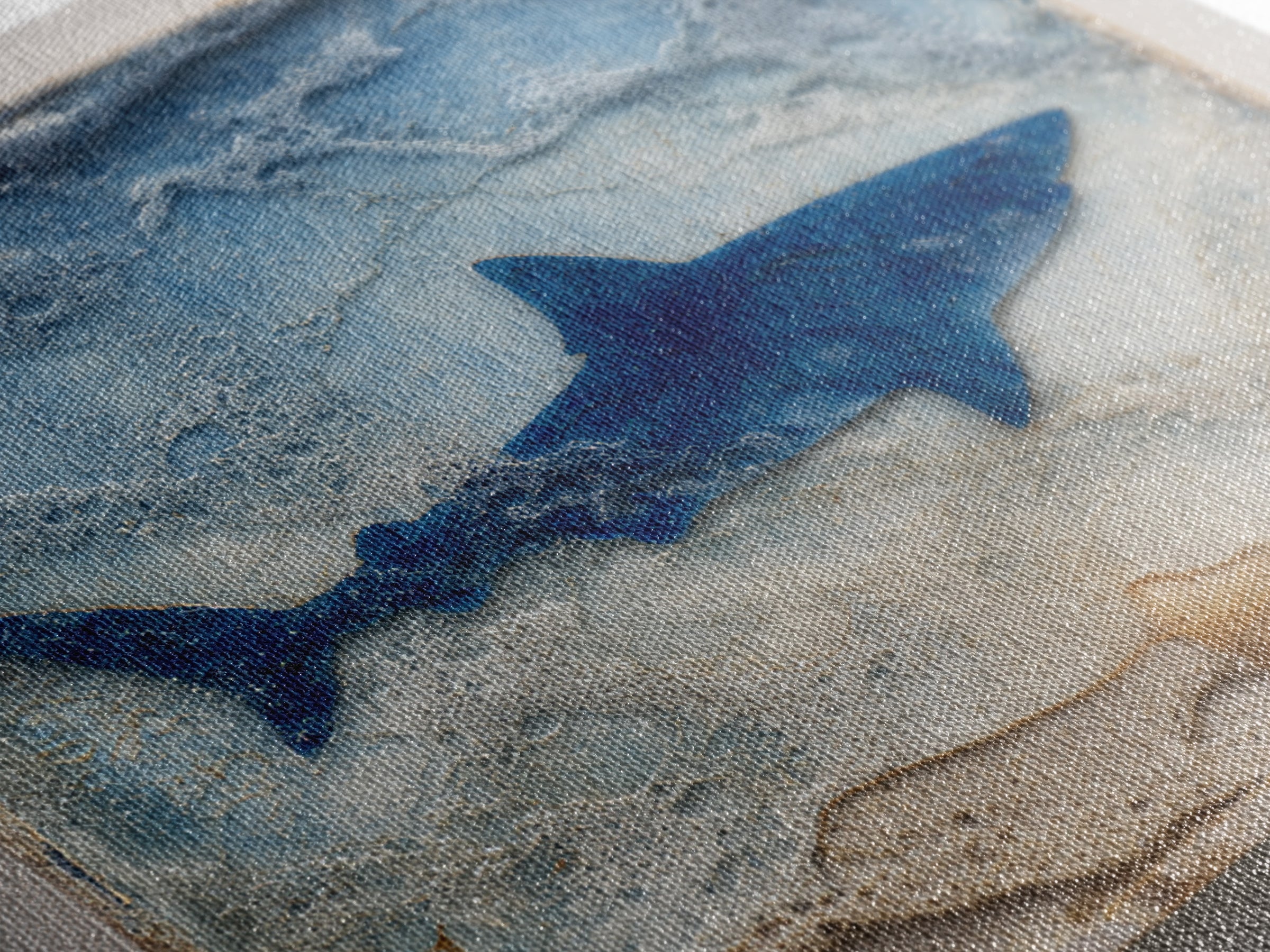 Shark Silhouette in Deep Blue Light Framed Canvas Print, Marine Life Art, Coastal Wall Art, Living Room Decor, Fine Art, Marine, MLA-1x1-12