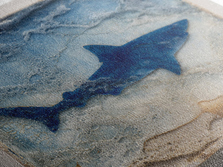 Shark Silhouette in Deep Blue Light Framed Canvas Print, Marine Life Art, Coastal Wall Art, Living Room Decor, Fine Art, Marine, MLA-1x1-12
