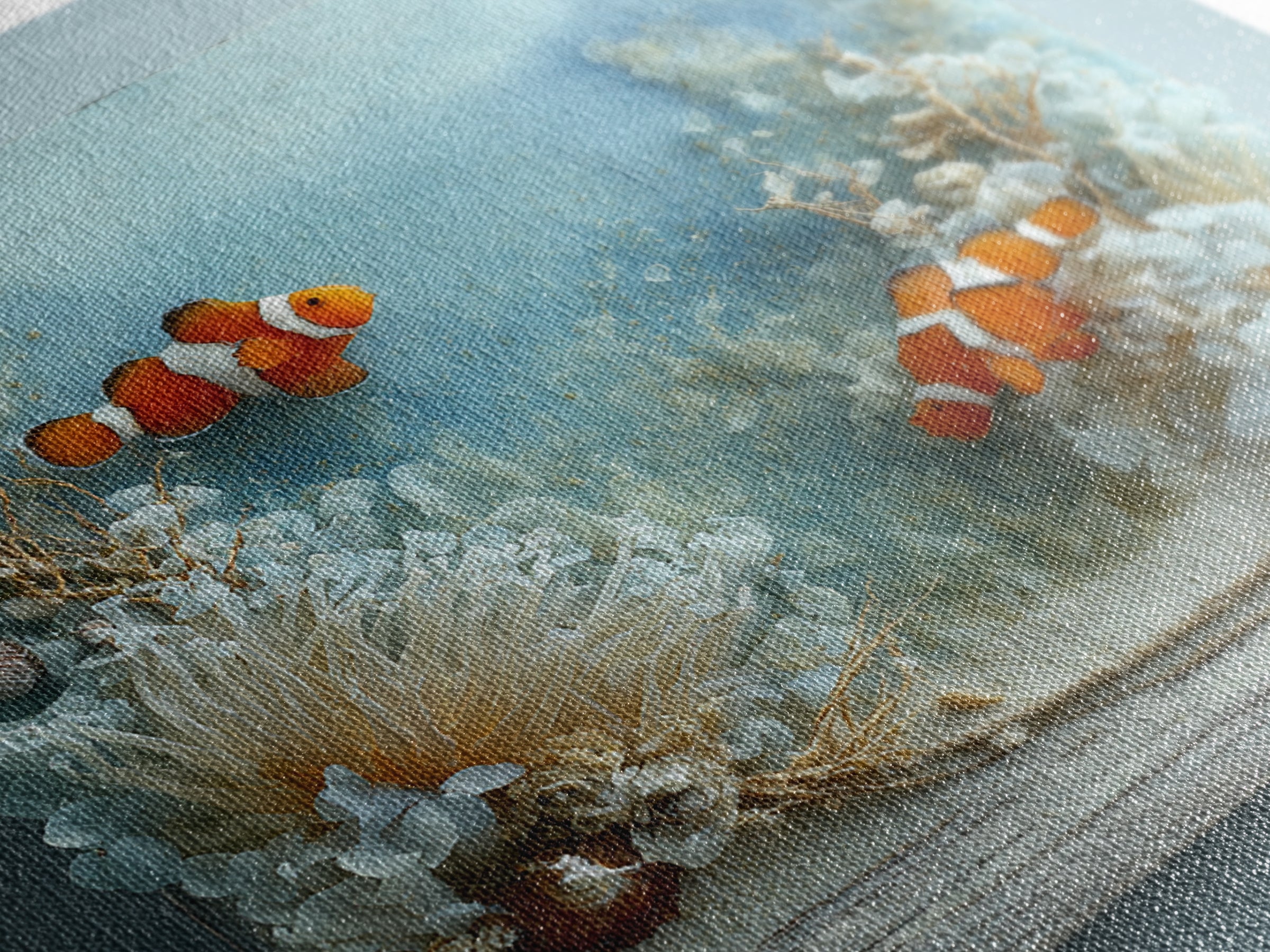 Clownfish Around Anemone Tentacles Framed Canvas Print, Marine Life Art, Nautical Art, Living Room Decor, Fine Art, Marine, MLA-1x1-68