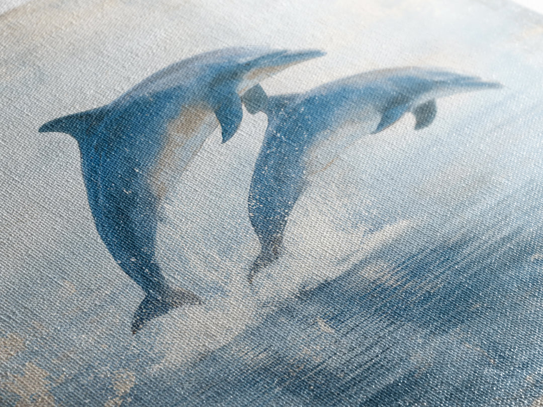 Dolphins Leaping Through Sunlit Waves Framed Canvas Print, Marine Life Art, Coastal Art, Living Room Decor, Fine Art, Marine, MLA-1x1-7