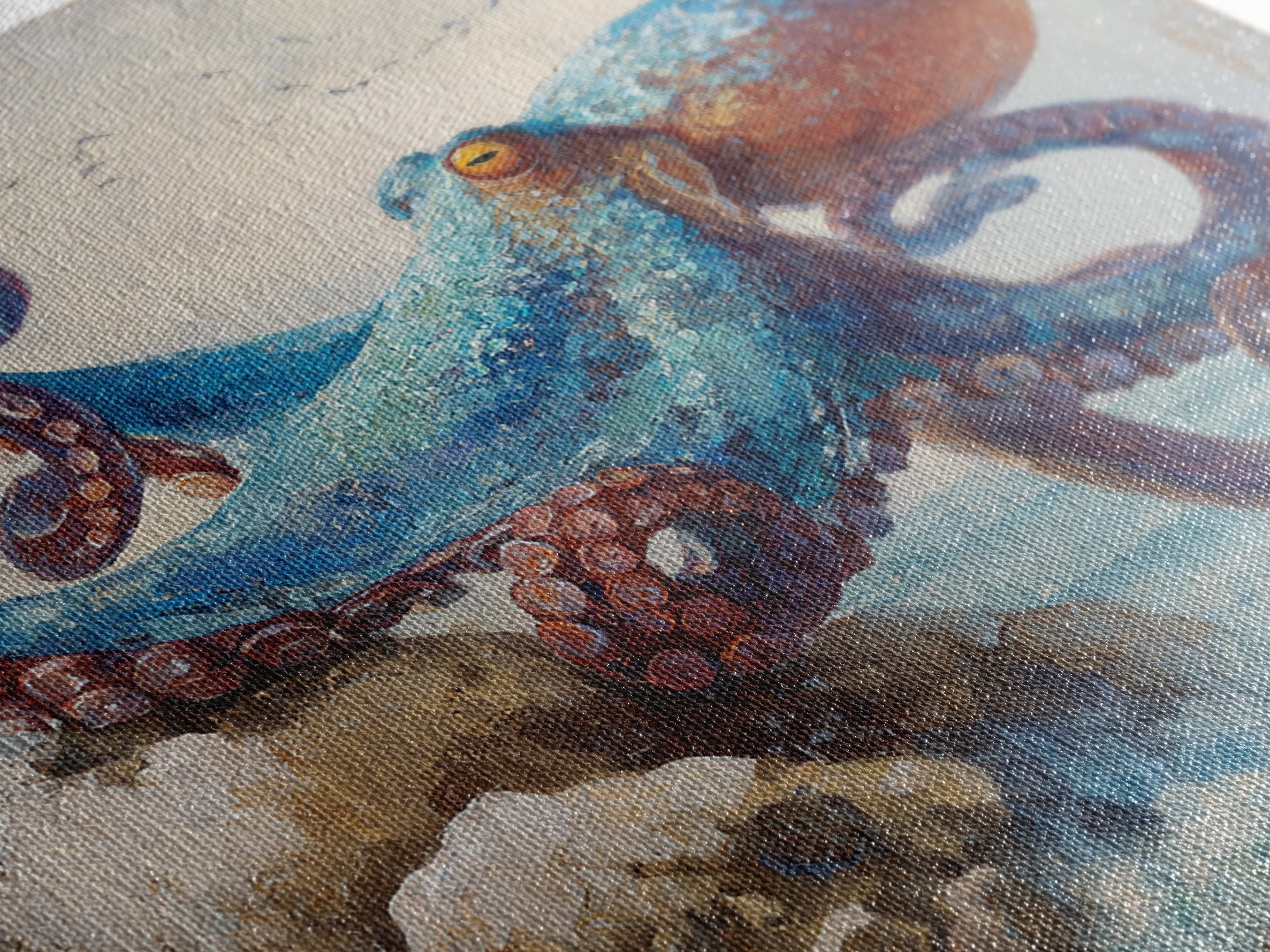 Octopus Curling Around Coral Canvas Print, Marine Life Art, Handmade Art, Living Room Decor, Fine Art, Marine, MLA-1x1-75
