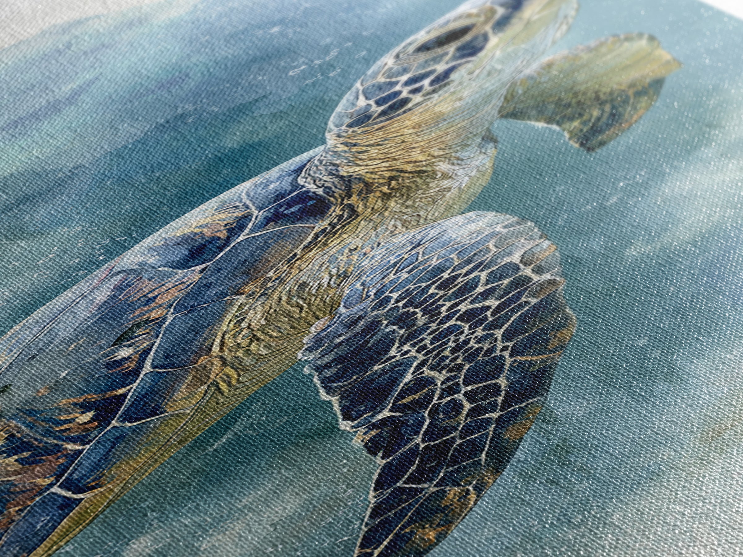 Sea Turtle Gliding Through Clear Blue Water Framed Canvas Print, Marine Life Art, Ocean Painting, Living Room Decor, Marine, MLA-1x3-61