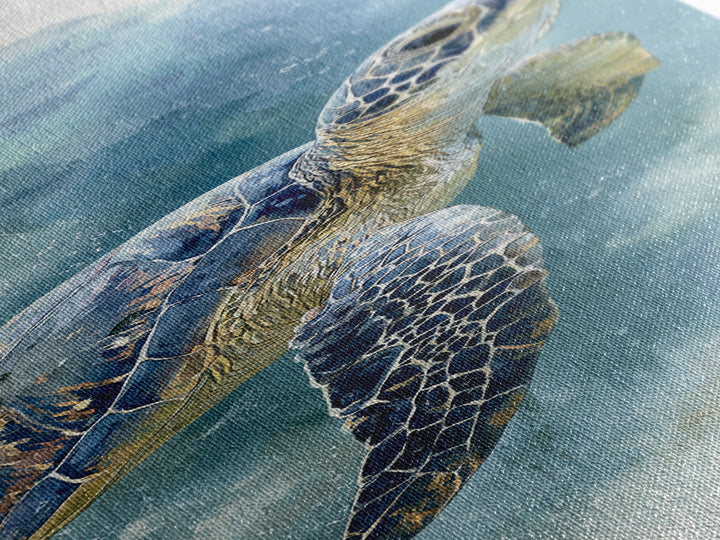 Sea Turtle Gliding Through Clear Blue Water Framed Canvas Print, Marine Life Art, Ocean Painting, Living Room Decor, Marine, MLA-1x3-61