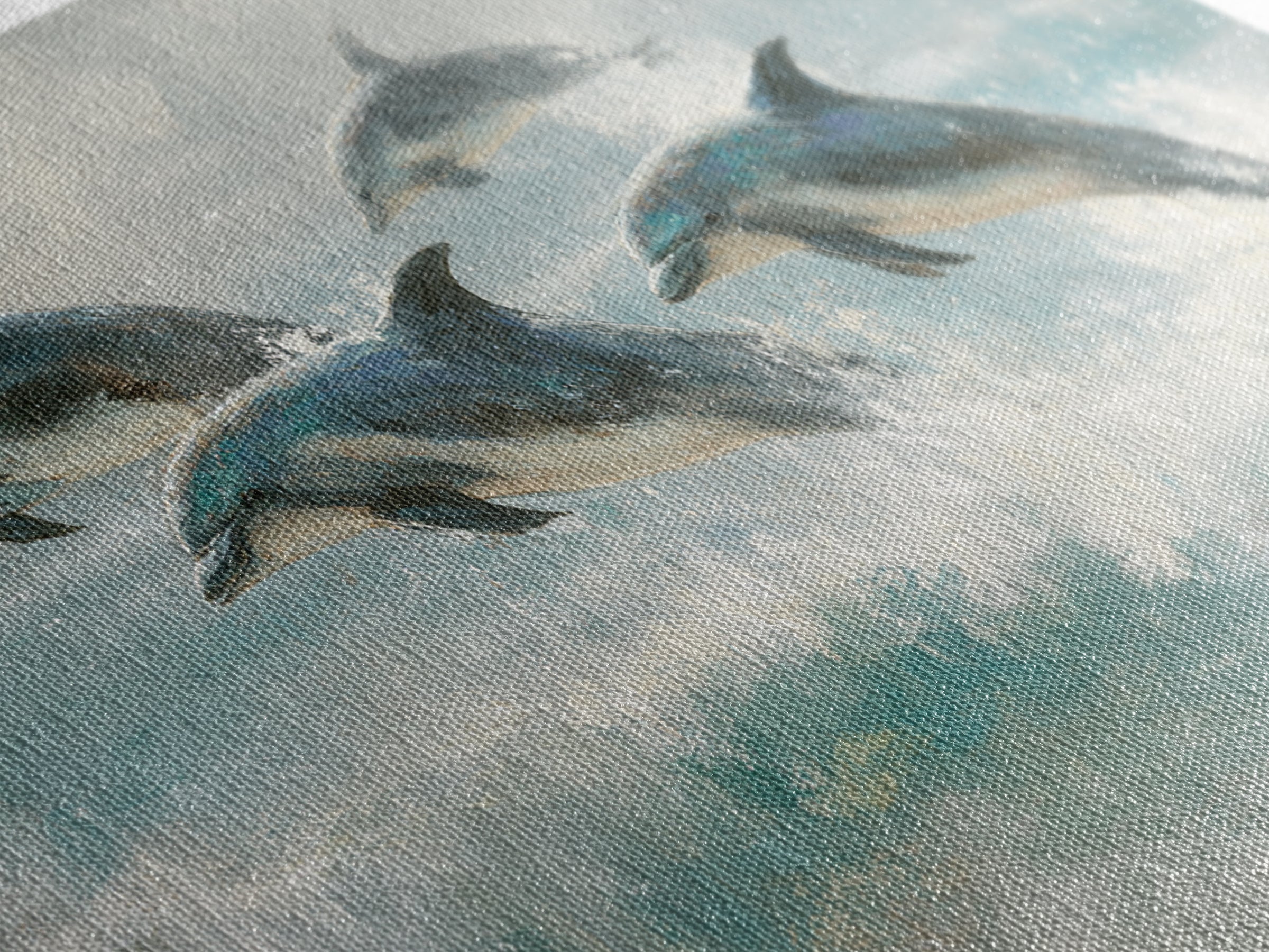 Dolphins Leaping Through Sunlit Waves Framed Canvas Print, Marine Life Art, Coastal Art, Living Room Decor, Fine Art, Marine, MLA-2x1-3