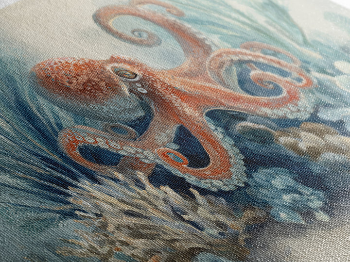 Octopus Curling Around Coral Canvas Print, Marine Life Art, Beach Decor, Living Room Decor, Oil Painting, Marine, Ocean Decor, MLA-2x1-47