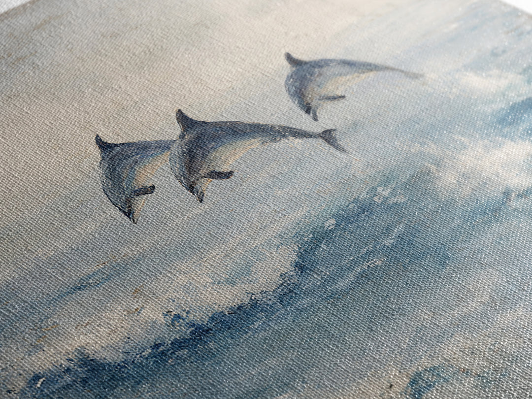 Dolphins Leaping Through Sunlit Waves Framed Canvas Print, Marine Life Art, Coastal Art, Living Room Decor, Watercolor Art, MLA-2x1-51