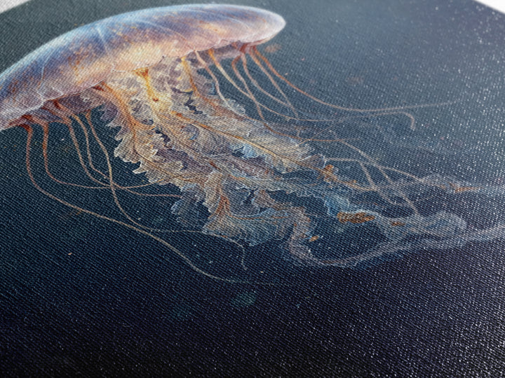 Jellyfish Floating in Luminous Dark Water Canvas Print, Marine Life Art, Handmade Art, Living Room Decor, Oil Painting, Marine, MLA-2x3-14
