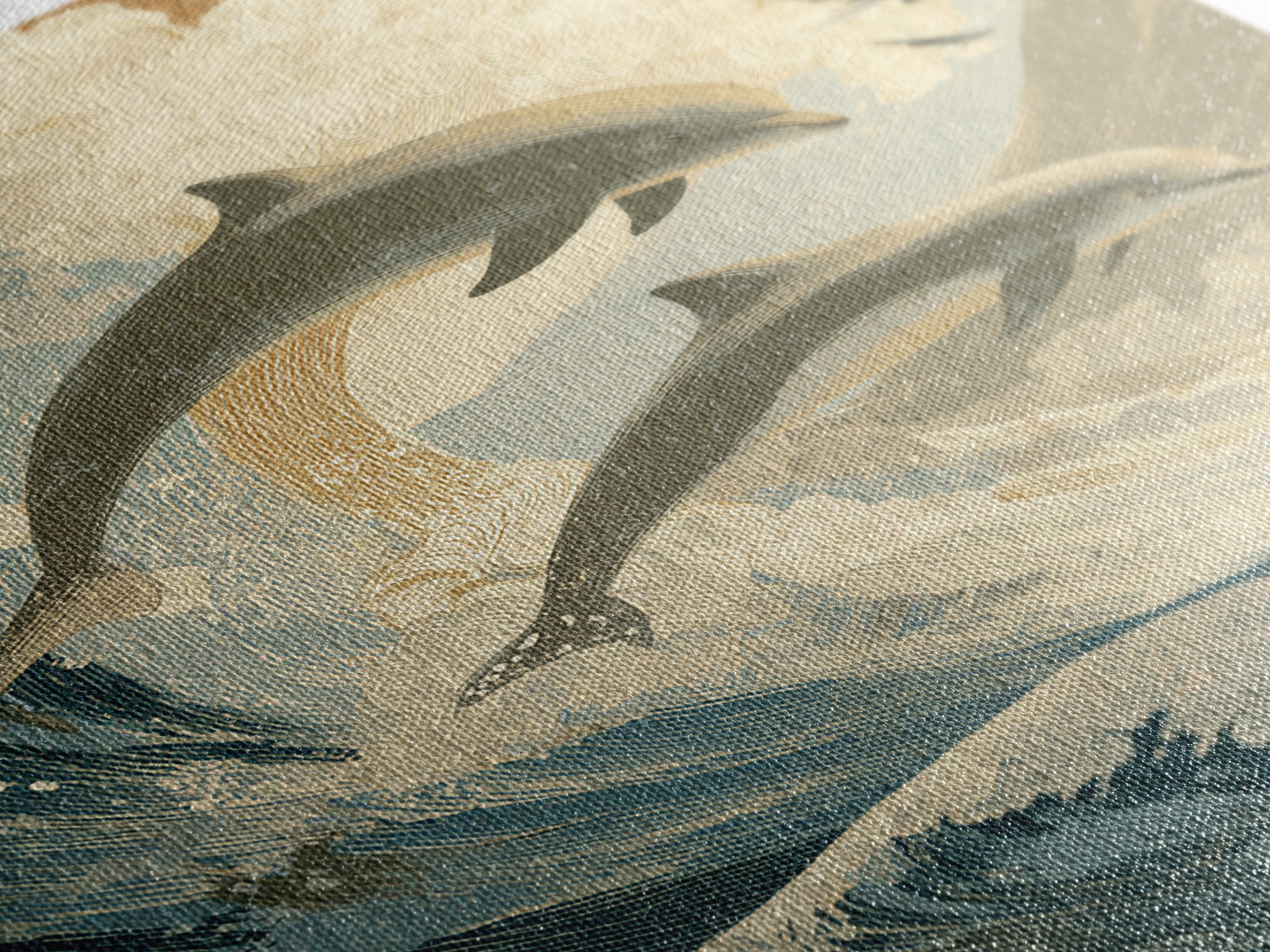 Dolphins Leaping Through Sunlit Waves Canvas Print, Marine Life Art, Surf Poster, Living Room Decor, Fine Art, Marine, MLA-2x3-15
