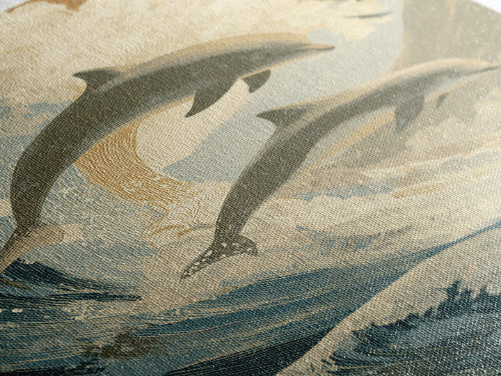 Dolphins Leaping Through Sunlit Waves Canvas Print, Marine Life Art, Surf Poster, Living Room Decor, Fine Art, Marine, MLA-2x3-15