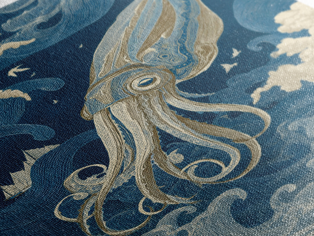 Squid in a Mysterious Midnight Sea Canvas Print, Marine Life Art, Ocean Wall Art, Living Room Decor, Watercolor Art, Marine, MLA-2x3-27