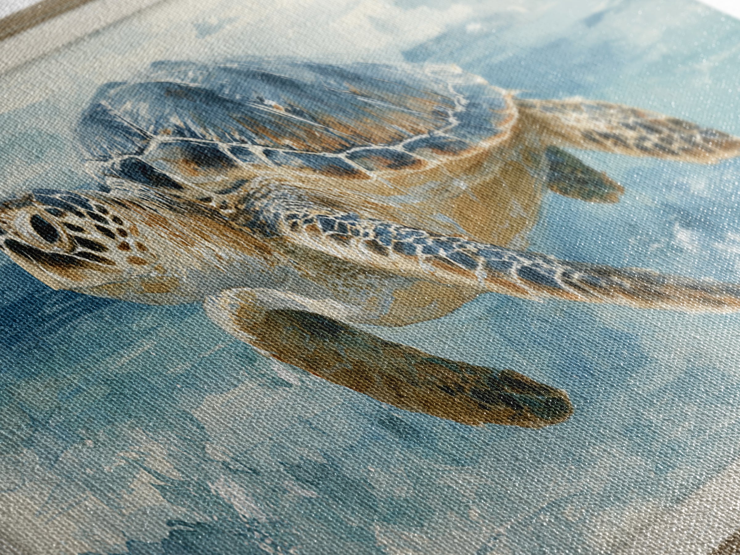 Sea Turtle Gliding Through Clear Blue Water Framed Canvas Print, Marine Life Art, Watercolor Art, Living Room Decor, Marine, MLA-3x1-17