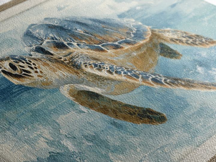 Sea Turtle Gliding Through Clear Blue Water Framed Canvas Print, Marine Life Art, Watercolor Art, Living Room Decor, Marine, MLA-3x1-17