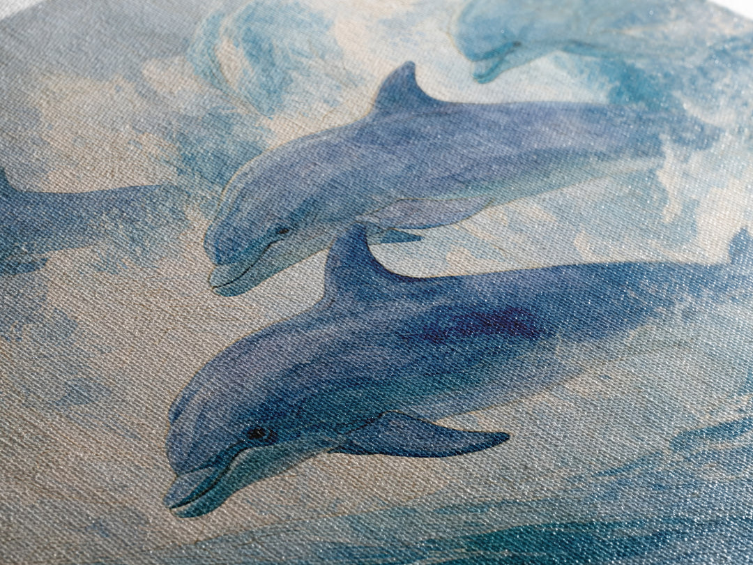 Dolphins Leaping Through Sunlit Waves Canvas Print, Marine Life Art, Minimalist Decor, Living Room Decor, Fine Art, Marine, MLA-3x2-11