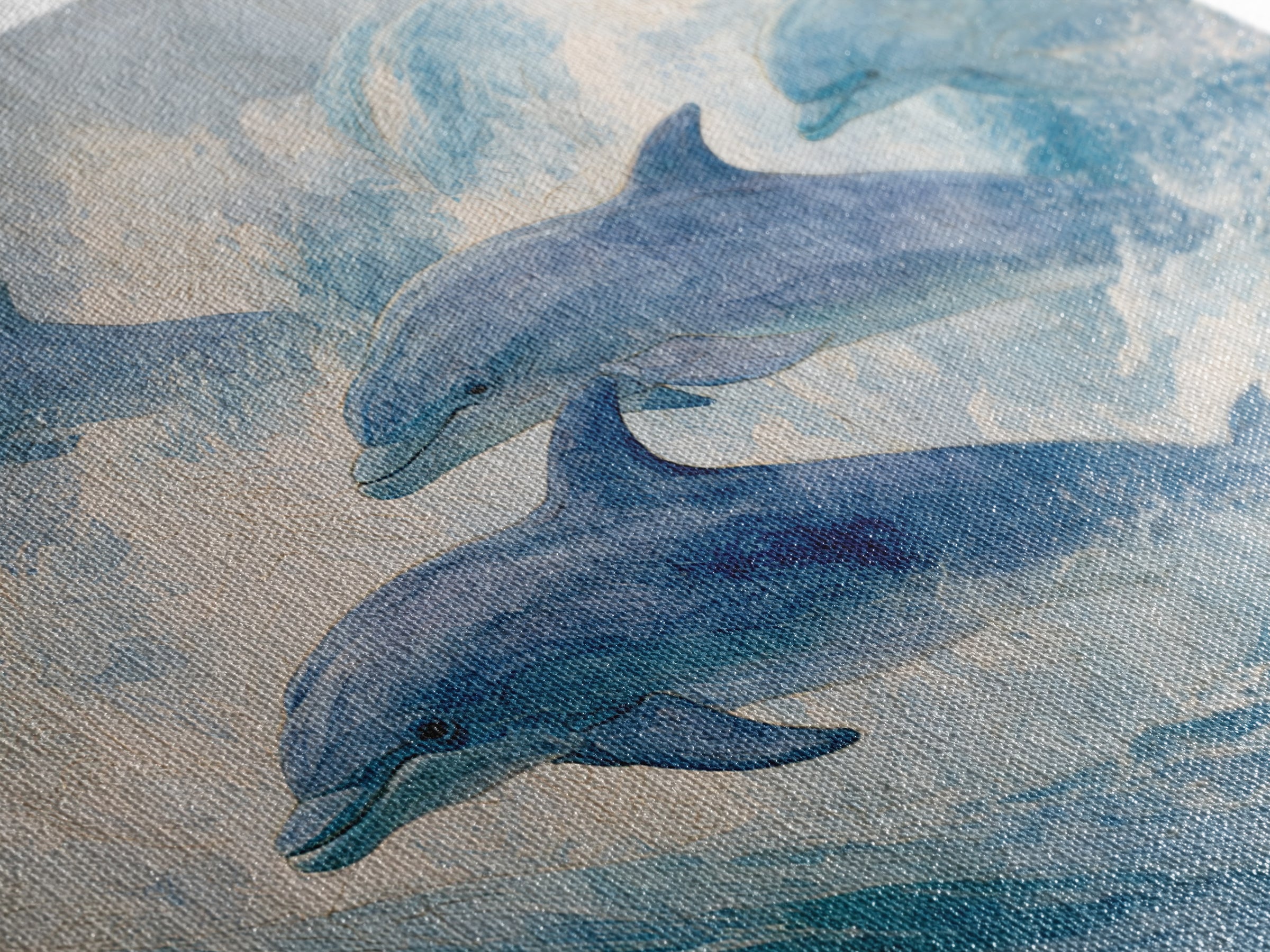 Dolphins Leaping Through Sunlit Waves Canvas Print, Marine Life Art, Minimalist Decor, Living Room Decor, Fine Art, Marine, MLA-3x2-11