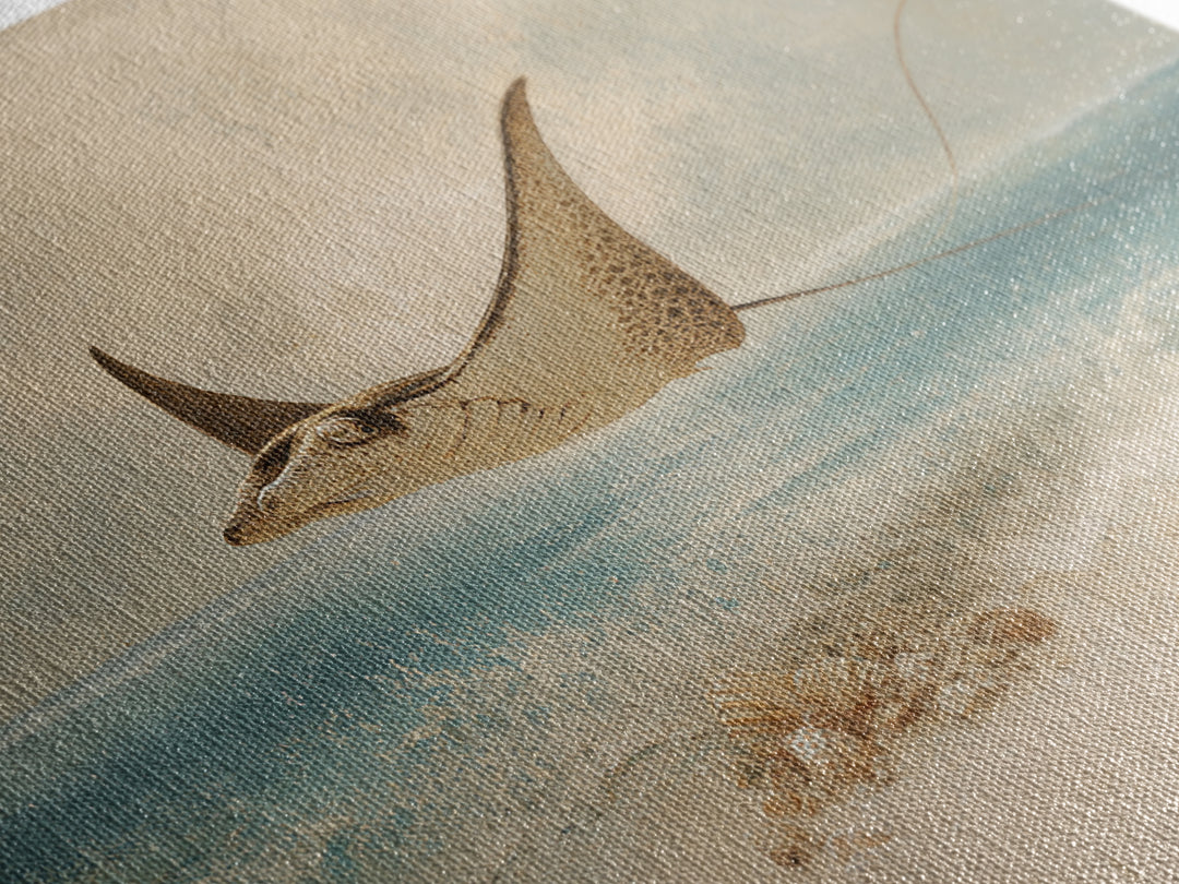 Manta Ray Flying Through Underwater Light Framed Canvas Print, Marine Life Art, Textured Painting, Living Room Decor, Marine, MLA-3x2-18