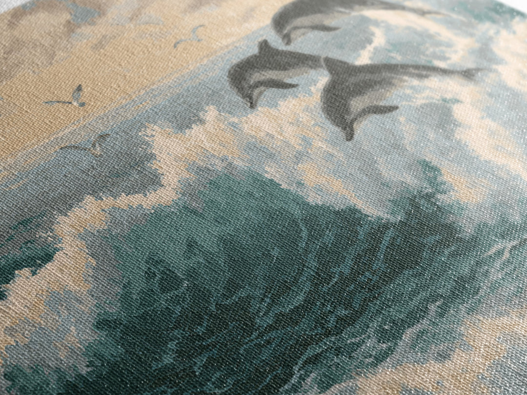 Dolphins Leaping Through Sunlit Waves Framed Canvas Print, Marine Life Art, Original Artwork, Living Room Decor, Oil Painting, MLA-3x2-59