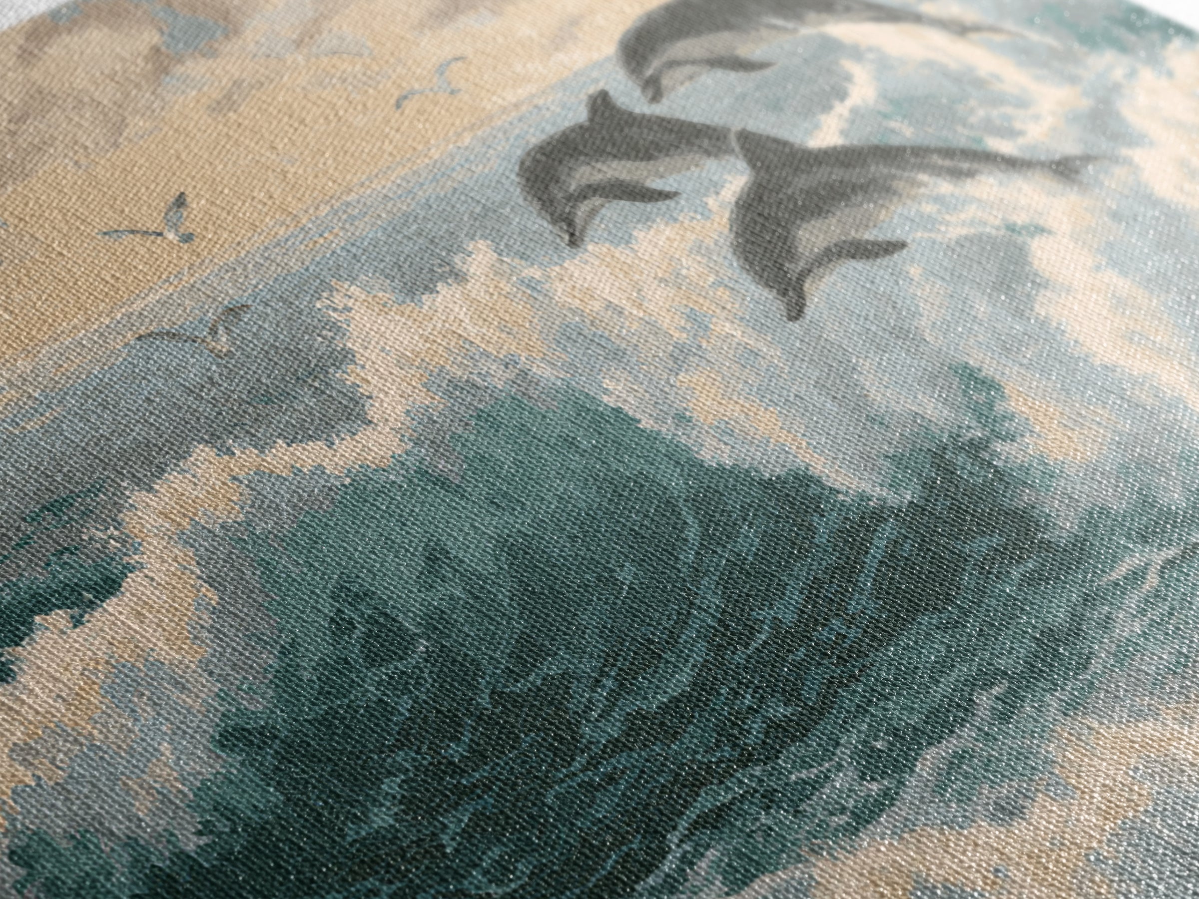 Dolphins Leaping Through Sunlit Waves Framed Canvas Print, Marine Life Art, Original Artwork, Living Room Decor, Oil Painting, MLA-3x2-59