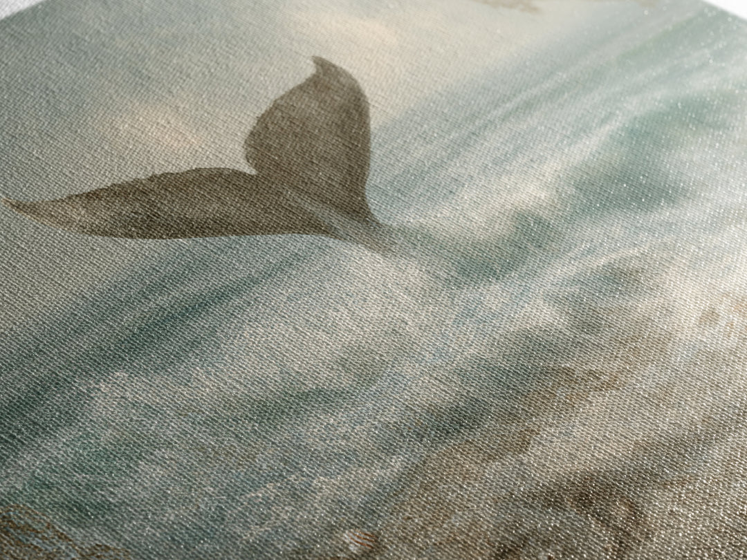 Whale Tail Rising from Misty Ocean Framed Canvas Print, Marine Life Art, Contemporary Art, Living Room Decor, Fine Art, Marine, MLA-3x2-6