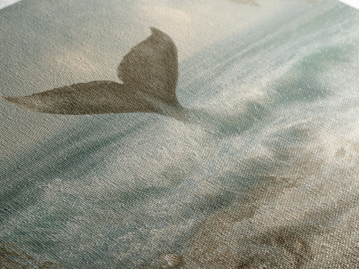 Whale Tail Rising from Misty Ocean Framed Canvas Print, Marine Life Art, Contemporary Art, Living Room Decor, Fine Art, Marine, MLA-3x2-6