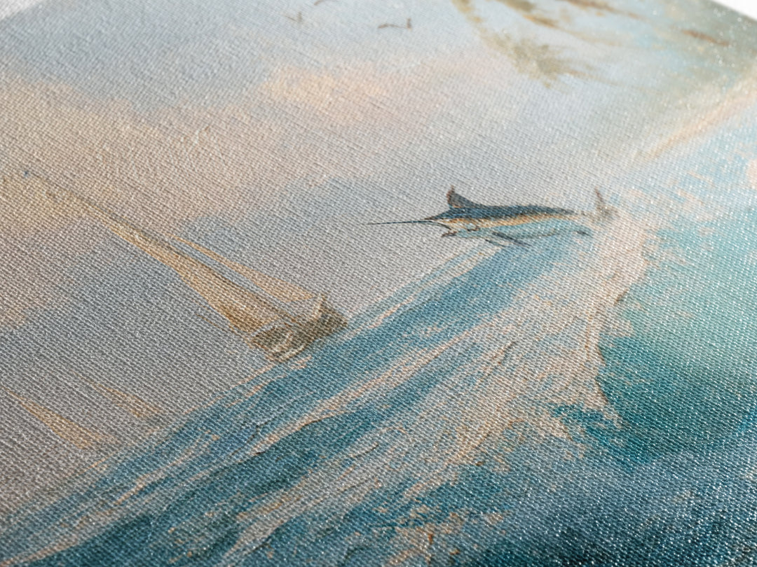 Sailfish Leaping in Dramatic Motion Framed Canvas Print, Marine Life Art, Nautical Wall Decor, Living Room Decor, MLA-3x2-97