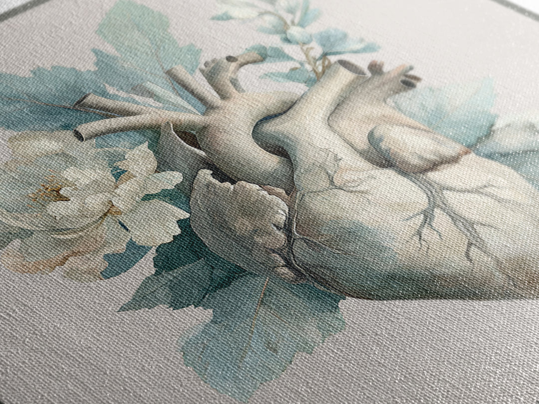 Anatomical Heart Rendered as Tasteful Botanical Art Canvas Print, Medical Office Art, Medical School, Office Decor, Calm, MOA-1x1-61