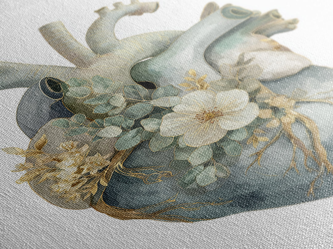 Anatomical Heart Rendered as Tasteful Botanical Art Canvas Print, Medical Office Art, Office Decor, Oil Painting, Calm, MOA-2x3-45