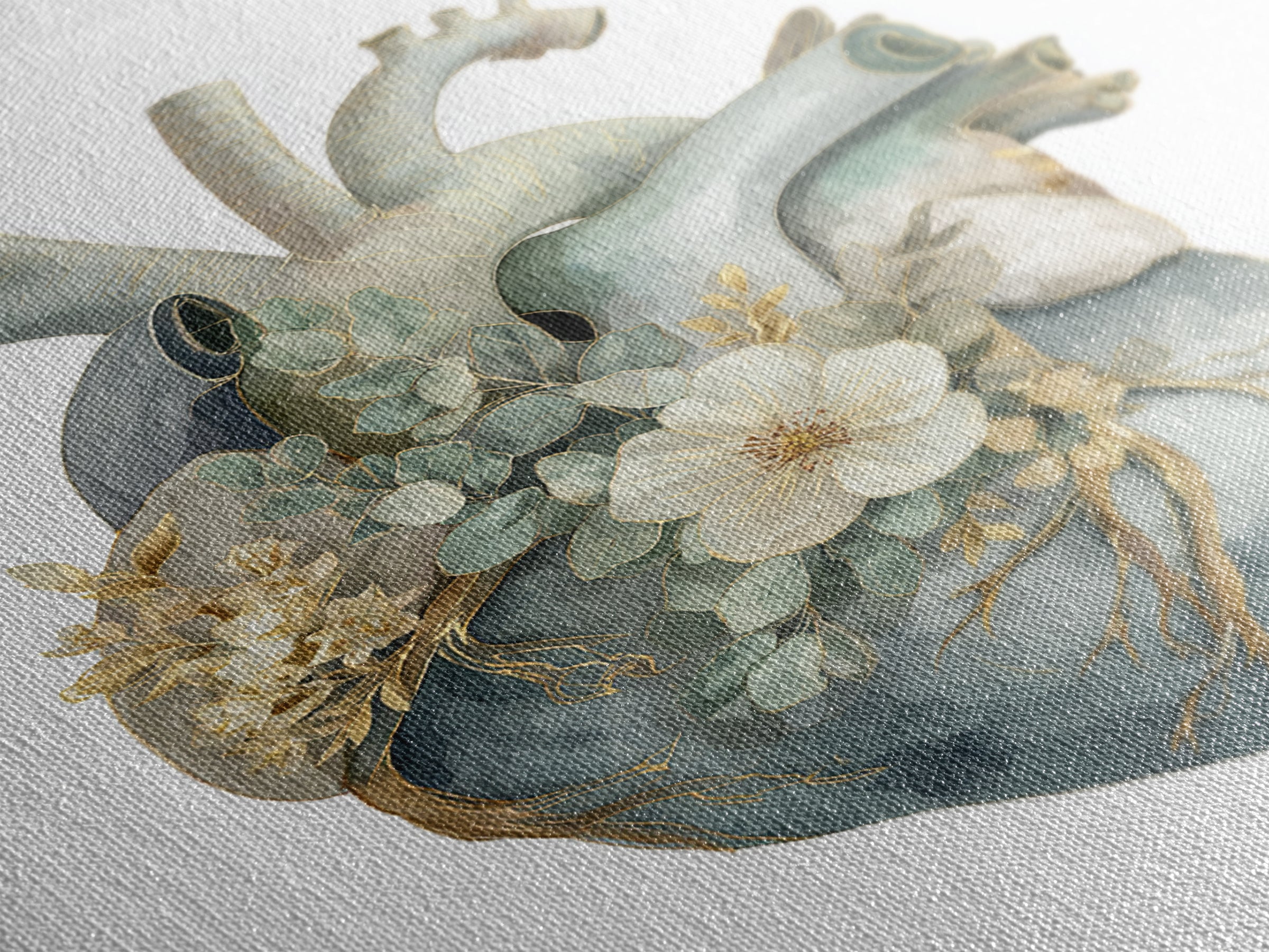 Anatomical Heart Rendered as Tasteful Botanical Art Canvas Print, Medical Office Art, Office Decor, Oil Painting, Calm, MOA-2x3-45
