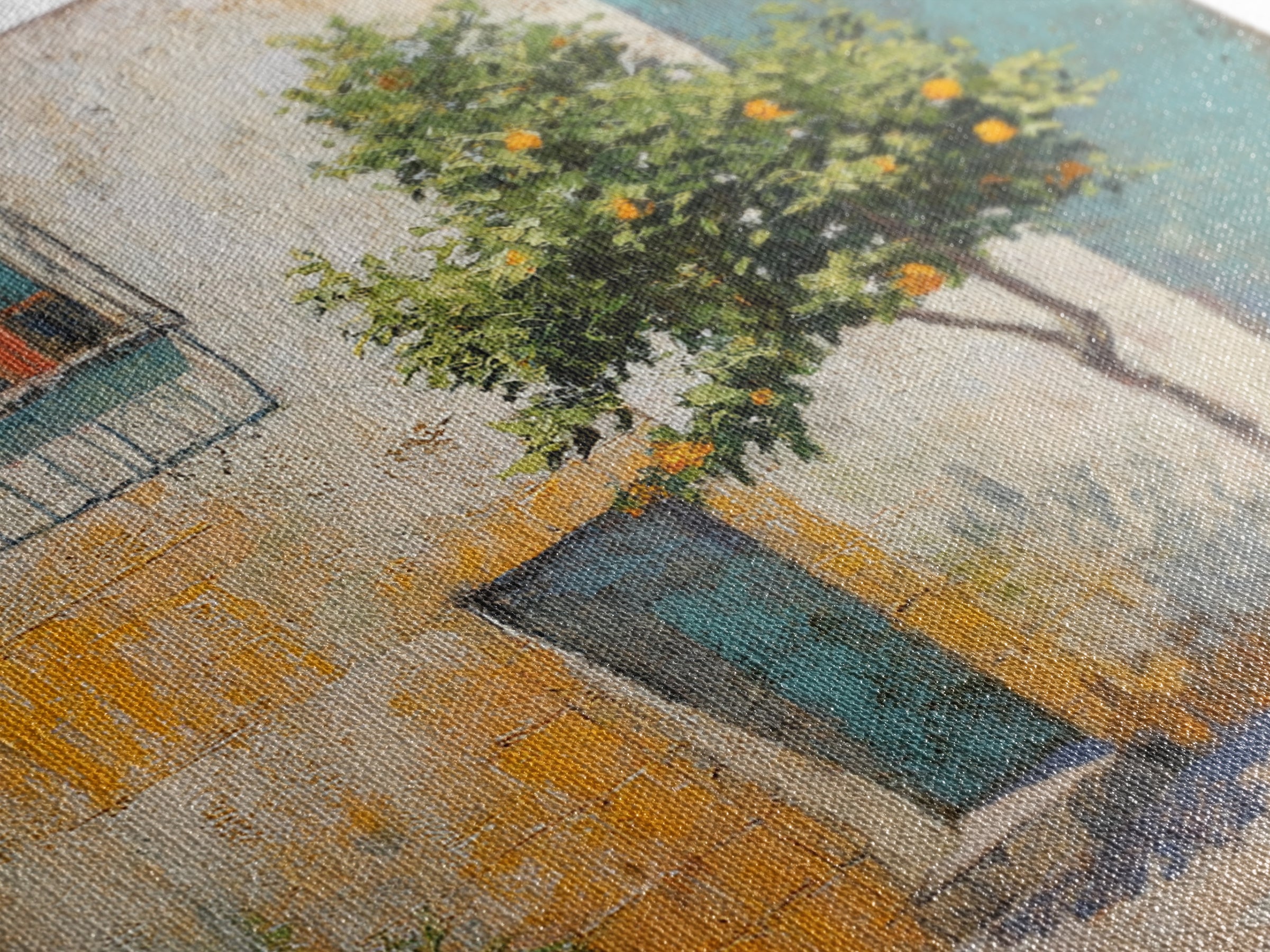 Orange Tree in Tiled Courtyard Framed Canvas Print, Moroccan Art, Contemporary Art, Living Room Decor, Oil Painting, Marrakesh, MOR-1x1-37