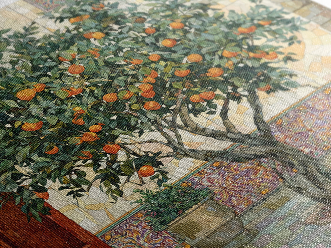 Orange Tree in Tiled Courtyard Framed Canvas Print, Moroccan Art, Contemporary Art, Living Room Decor, Oil Painting, Marrakesh, MOR-1x1-61