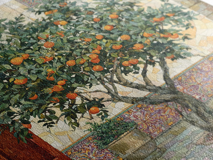 Orange Tree in Tiled Courtyard Framed Canvas Print, Moroccan Art, Contemporary Art, Living Room Decor, Oil Painting, Marrakesh, MOR-1x1-61