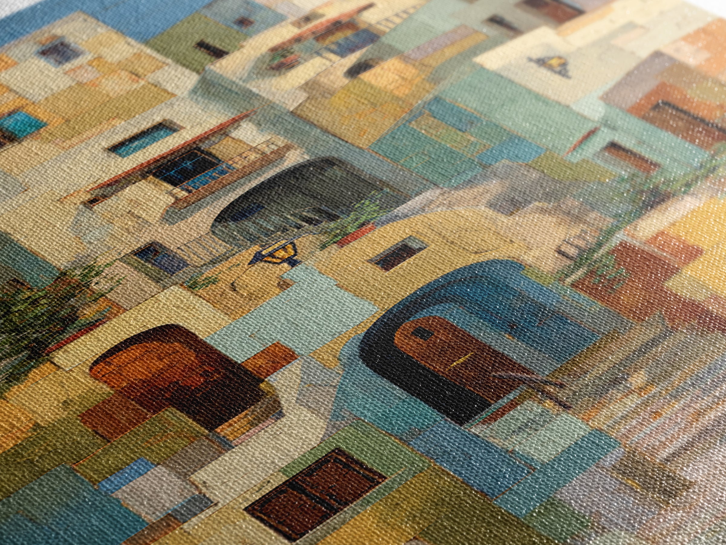 Blue City Alley Rendered as Painterly Shapes Canvas Print, Moroccan Art, Digital Art, Living Room Decor, Abstract Art, MOR-1x3-90