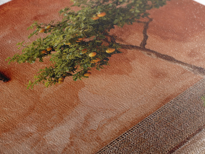Orange Tree in Tiled Courtyard Framed Canvas Print, Moroccan Art, Modern Wall Art, Living Room Decor, Oil Painting, Marrakesh, MOR-2x3-21