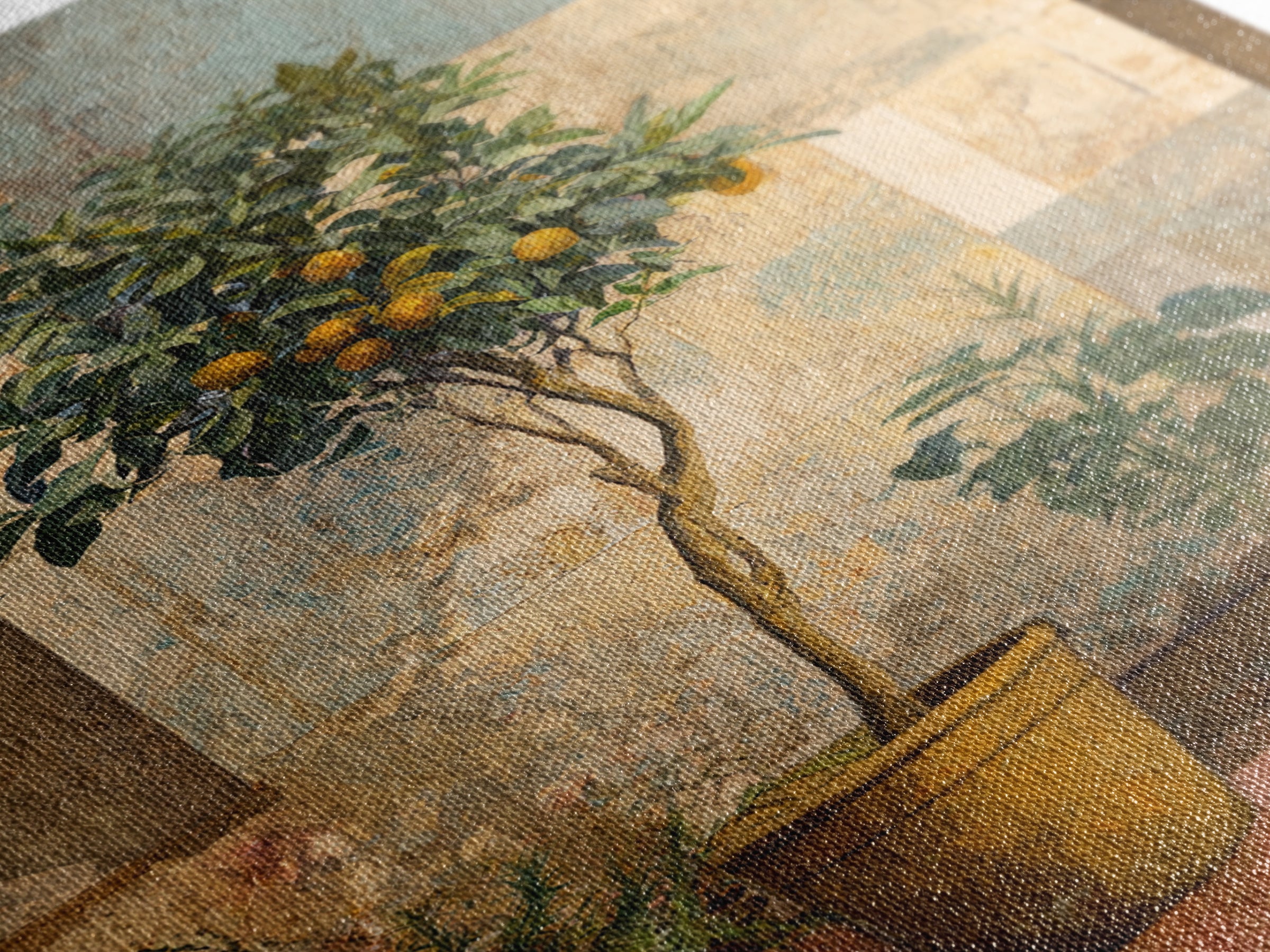 Orange Tree in Tiled Courtyard Framed Canvas Print, Moroccan Art, Neutral Wall Art, Living Room Decor, Fine Art, Marrakesh, MOR-2x3-69