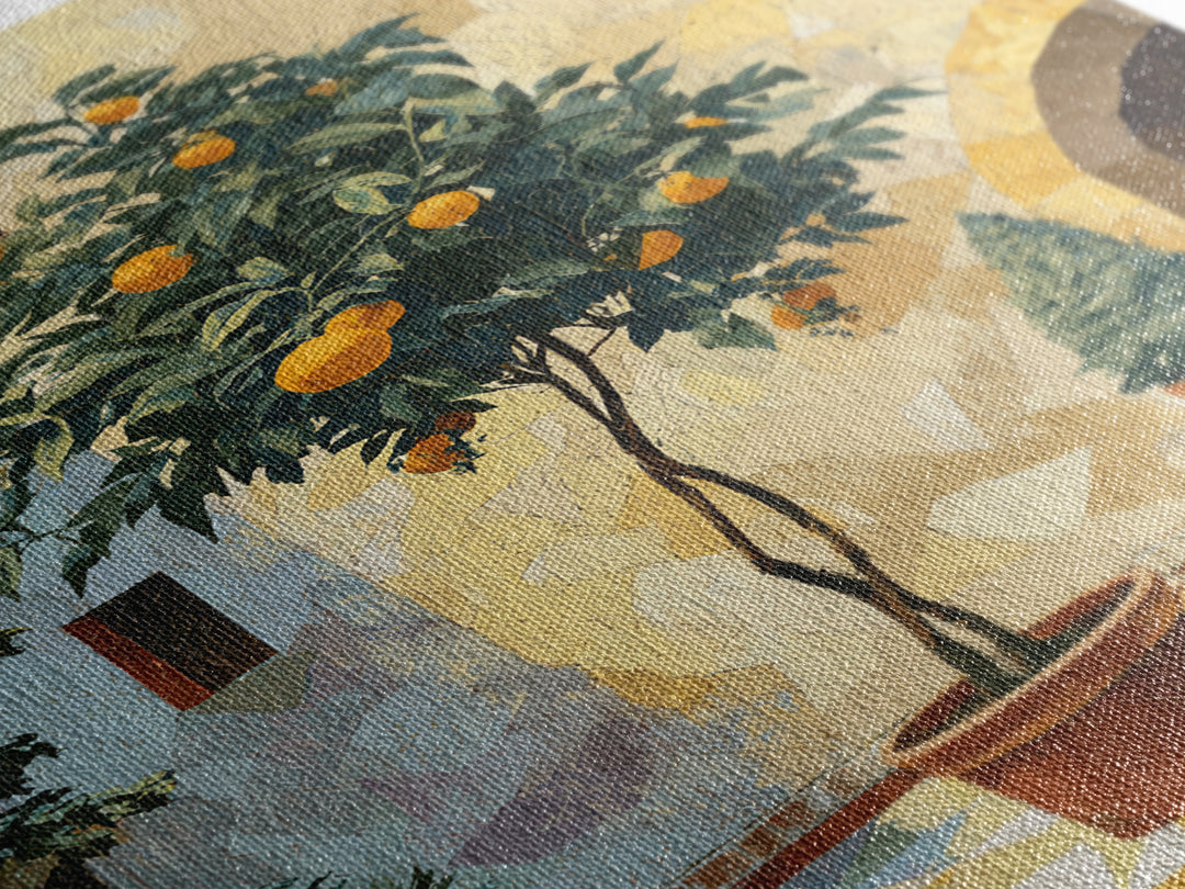 Orange Tree in Tiled Courtyard Framed Canvas Print, Moroccan Art, Neutral Wall Art, Living Room Decor, Fine Art, Marrakesh, MOR-2x3-93