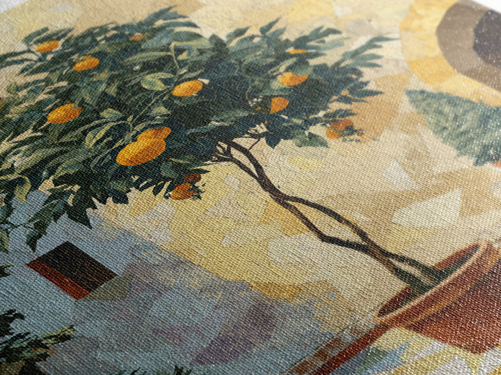 Orange Tree in Tiled Courtyard Framed Canvas Print, Moroccan Art, Neutral Wall Art, Living Room Decor, Fine Art, Marrakesh, MOR-2x3-93