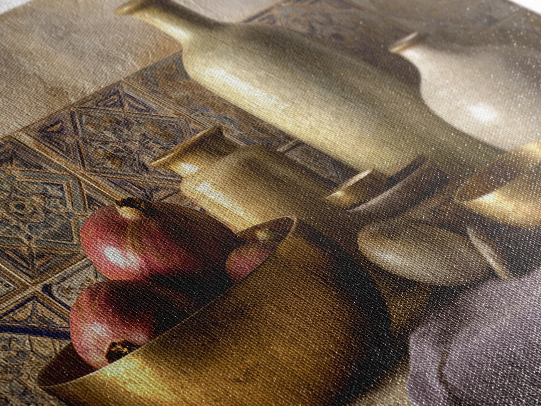 Pomegranate and Brass Bowl Still Life Framed Canvas Print, Moroccan Art, Moroccan Decor, Living Room Decor, Oil Painting, MOR-3x2-74