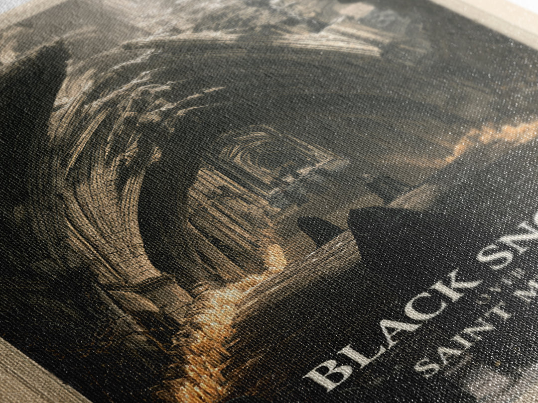 Black Snow Over Saint Mercy, English Language Horror Movie Poster, Architectural Etching Art, Classic Monster Poster