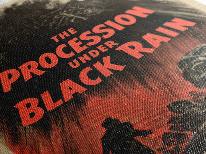 The Procession Under Black Rain, English Language Horror Movie Poster, 1950s Creature-Feature One-Sheet Inspired Art, Cult Horror Poster