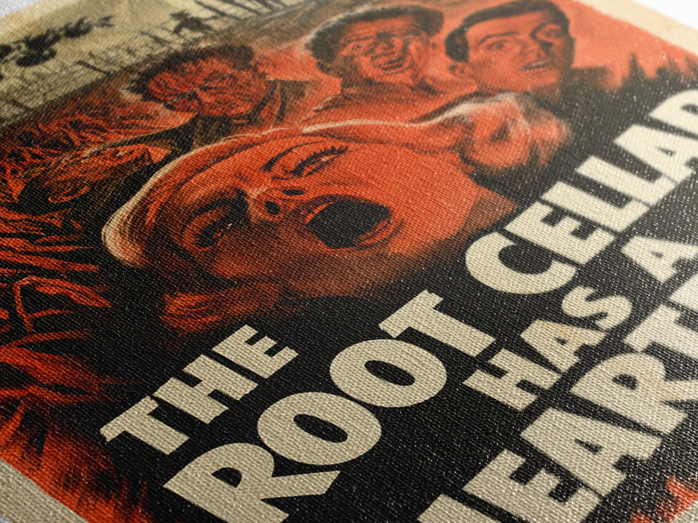 The Root Cellar Has A Heartbeat, English Language Horror Movie Poster, 1950s Creature-Feature One-Sheet Inspired Art, Gothic Cinema Wall Art