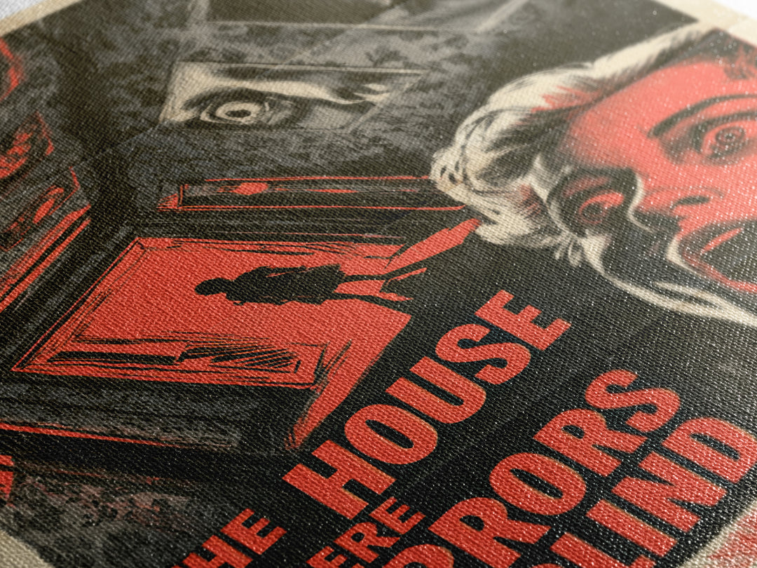 The House Where Mirrors Go Blind, English Language Horror Movie Poster, 1950s Creature-Feature One-Sheet Inspired Art, Framed Canvas Print
